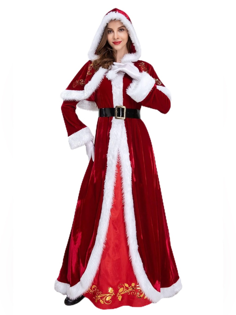 Women's Red Velvet Santa Hooded Maxi Dress with Faux Fur Trim